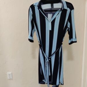 Enfocus Studio Black/ Aqua/ Teal  Striped Shirt Belted Dress Size 8 Stretchy